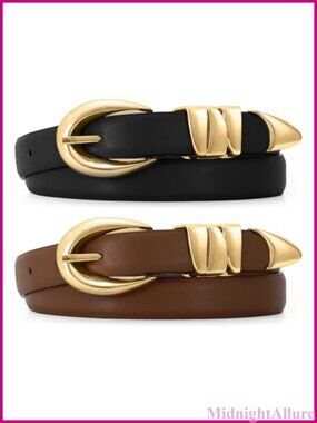 2 Pack Women Skinny PU Leather Belts Gold Buckle Waist Belt